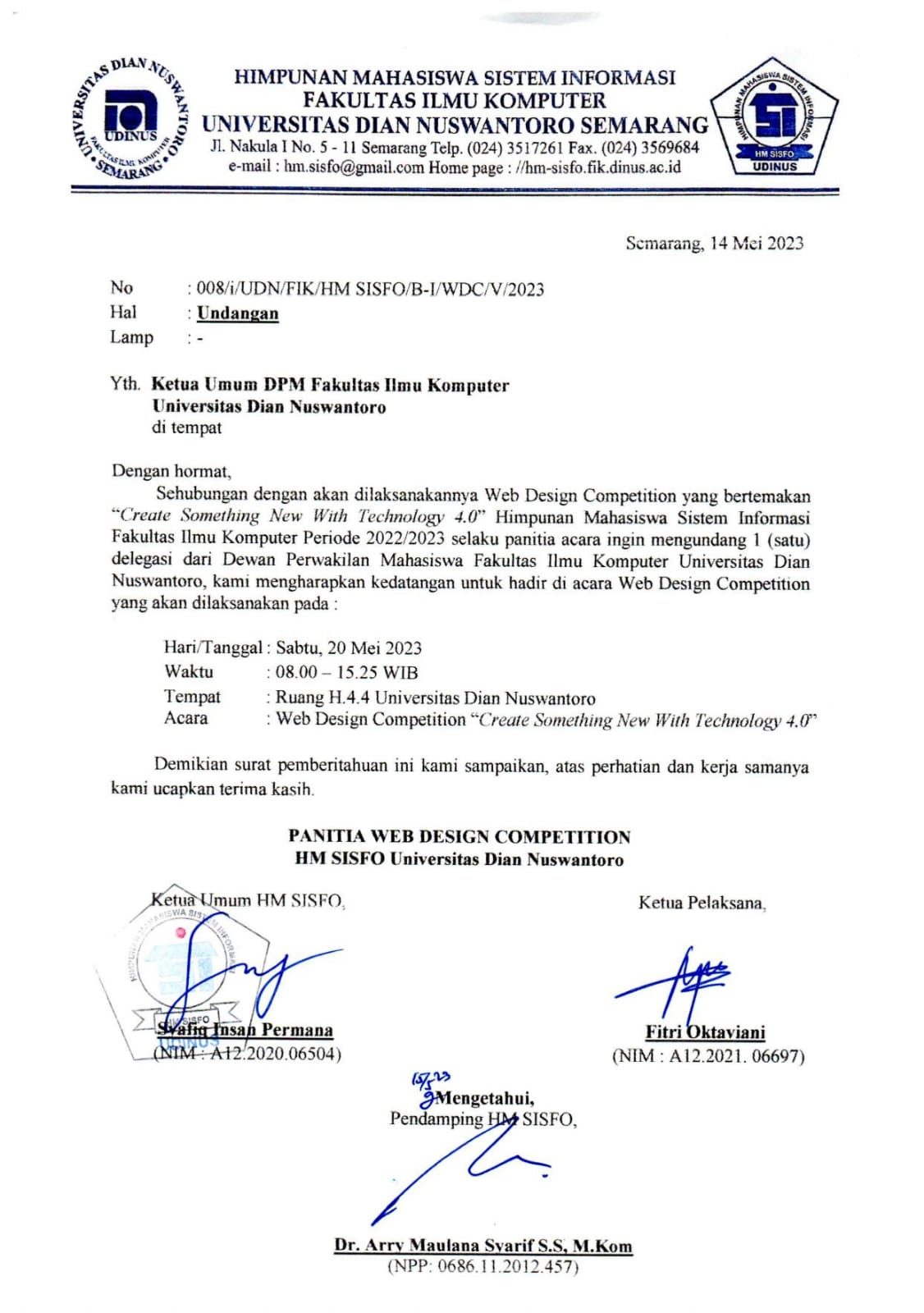 Surat Undangan Delegasi Dewan Perwakilan Mahasiswa Fakultas Ilmu Komputer Universitas Dian Nuswantoro